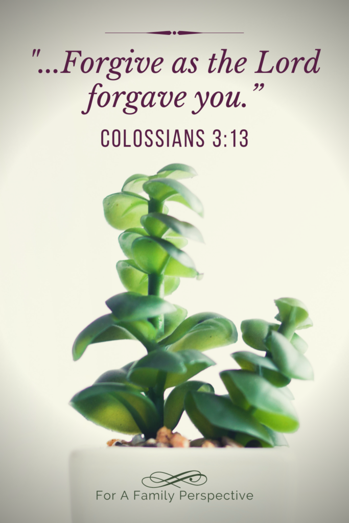 A house plant in a white pot with the Bible verse from Colossians 3:13 that says, Forgive as the Lord has Forgave you.